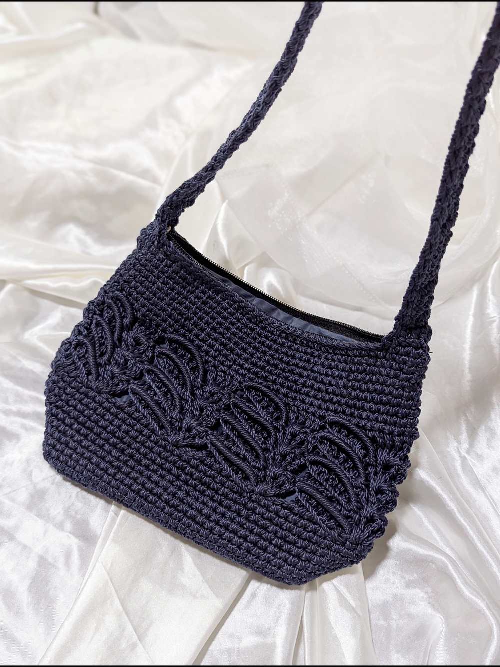 Handwoven Navy Crochet Shoulder Bag